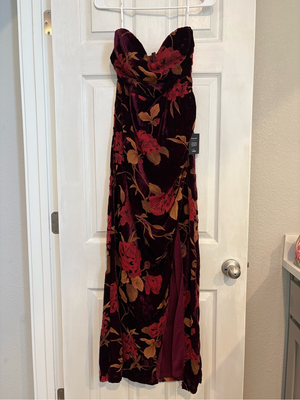 Lulu's Strapless Velvet Floral Gown in Burgundy, Red & Gold